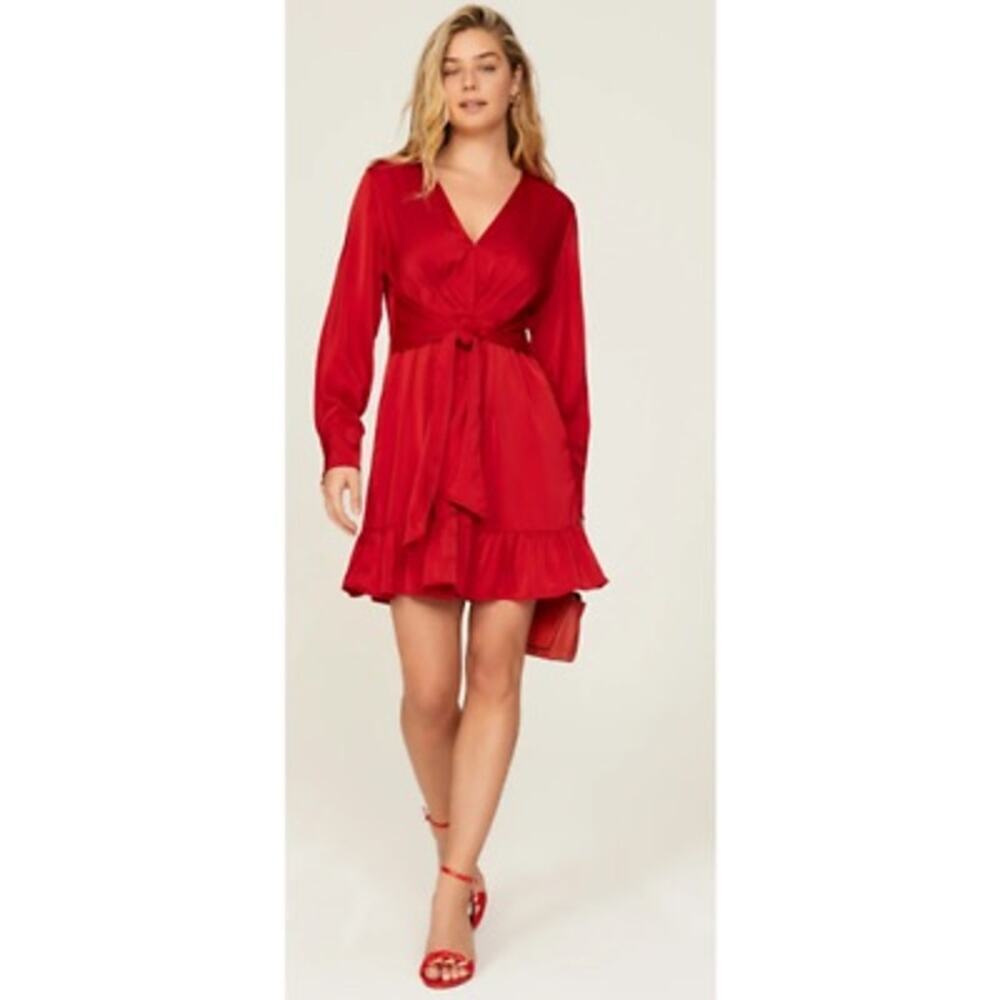 MARISSA WEBB Satin Red Tie Front V-Neck Ruffled Sleeves Shift Mini Dress Size 10